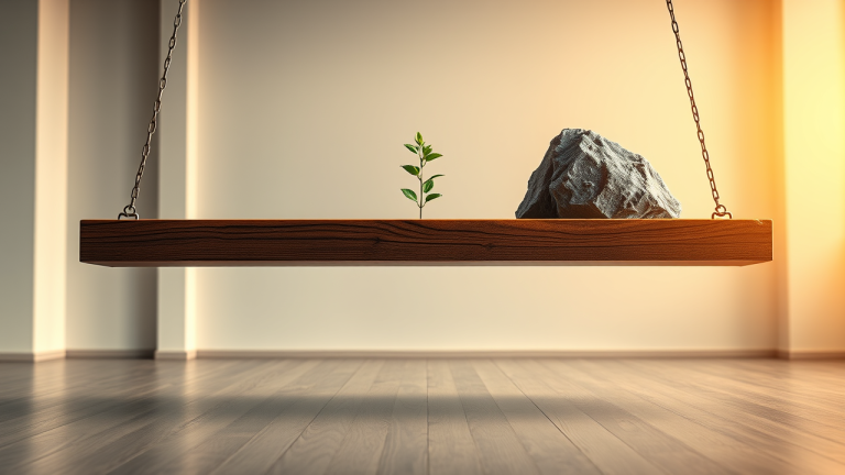 Ilustração de uma balança antiga com pratos representando crescimento (planta) e segurança (rocha)