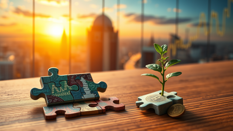 Ilustração de puzzle com peças diversificadas e chave de fenda prateada, simbolizando estratégia de investimento em FOFs