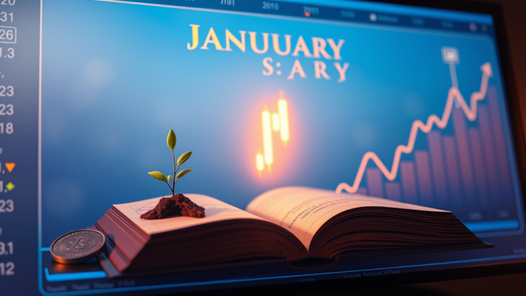 O Efeito Janeiro (January Effect): Sazonalidade nos mercados existe? Imagem futurista de um calendário digital girando para janeiro, com uma vela candelabro iluminada simbolizando o efeito janeiro, entre outras representações visuais financeiras.