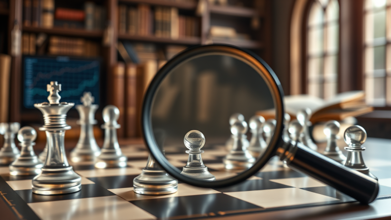 Gestão Passiva vs. Ativa: O que os dados históricos dizem Ilustração 3D de um tabuleiro de xadrez com peças de vidro, destacando movimentos estratégicos em uma atmosfera de curiosidade intelectual e pensamento estratégico.