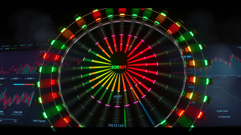 A ‘Flipagem’ em IPOs e Follow-ons: Vale a pena entrar para vender? Cena futurista de um carrusel de ações em um mercado volátil, com mãos invisíveis comprando e vendendo assentos em um ritmo frenético.