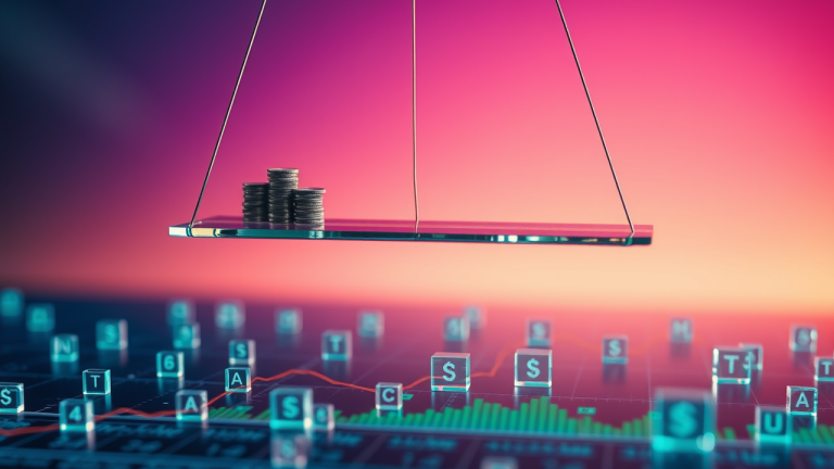 Balança de vidro suspensa com pilhas de fichas de ações e símbolos de ETFs, representando equilíbrio e diversificação em investimentos