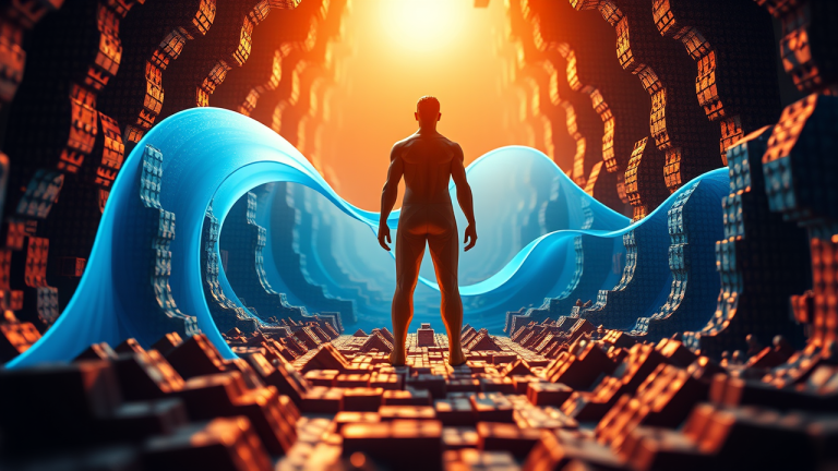 Ilustração surrealista de um investidor em um labirinto de decisões de investimento, sob a ameaça de uma onda azul que representa o direito de subscrição