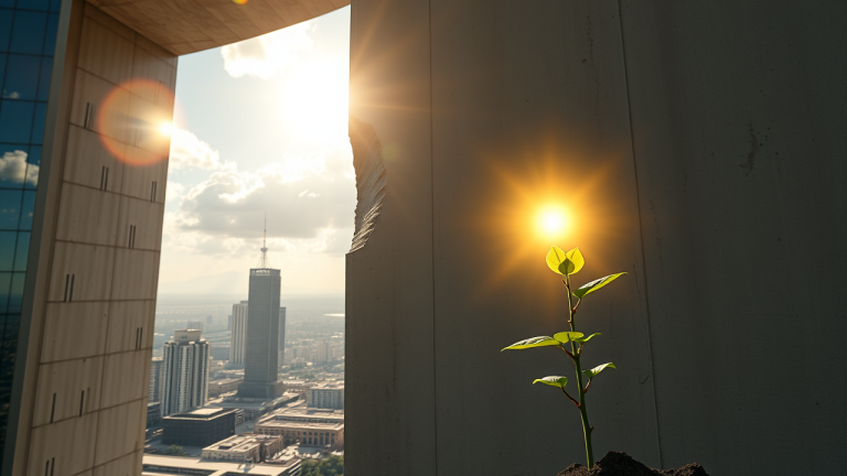 Estrutura de concreto com fachada de vidro refletindo o sol, com rachadura representando riscos e potencial de crescimento em investimentos em FIIs