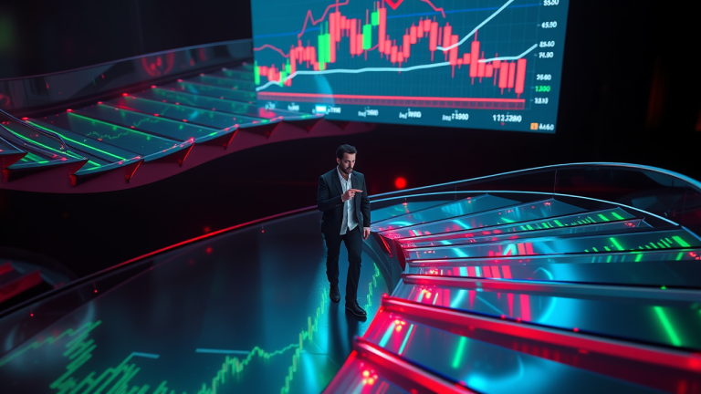 Preço Médio: Por que fazer PM para baixo pode destruir seu patrimônio Escada em espiral representando volatilidade do mercado com luzes piscando e investidor com bússola apontando para queda de preços