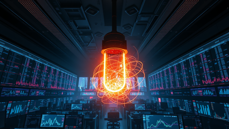 Circuit Breaker: As regras da B3 para interromper o pregão em pânico Ilustração 3D de um circuito breaker digital em uma sala de negociação em pânico, com elementos de código e dados financeiros em volta.