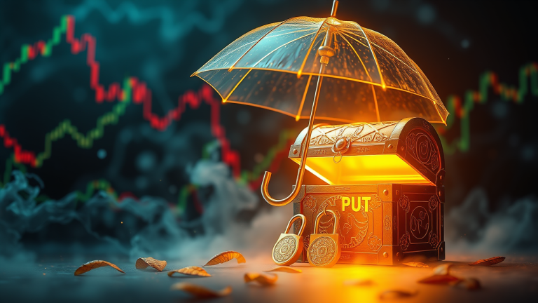 Ilustração de um guarda-chuva de vidro delicado protegendo uma caixa de tesouro valiosa de tendências de mercado turbilhonantes, com um fio de elefante e urso em um formato de fechadura financeira.