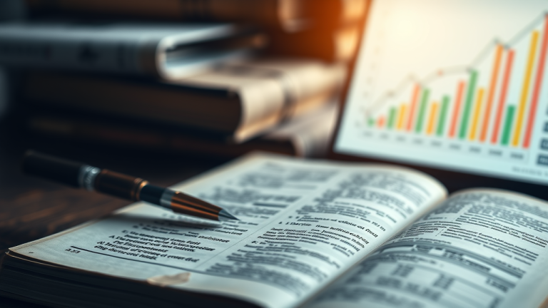 Value Investing vs. Deep Value: Comprando empresas em dificuldades Lupa de aumento sobre anotações financeiras de livro antigo com elementos de quebra-cabeça e estante de livros de couro