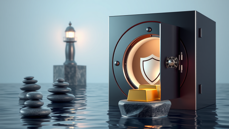Ilustração 3D de um cofre de aço robusto com fechadura de combinação, cercado por pedras zen balanceadas em água, com barras de ouro descansando em pedestal de pedra, simbolizando proteção e estabilidade.