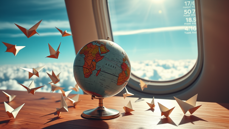 O Efeito do Câmbio na Carteira: Hedge cambial natural com ativos globais Globo vintage girando sobre madeira escura com cédulas estrangeiras origami flutuando ao redor