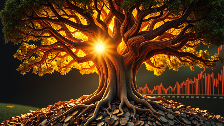 Árvore genealógica de ações com raízes em moedas antigas e luz do sol iluminando as variações nos preços.