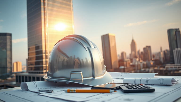 Cap Rate Imobiliário: Como calcular o retorno real de um imóvel ou FII Ilustração futurista de um arranha-céu moderno com fachada de vidro, refletindo a paisagem urbana, com um capacete metálico e planos azuis destacados, simbolizando cálculos de Cap Rate.