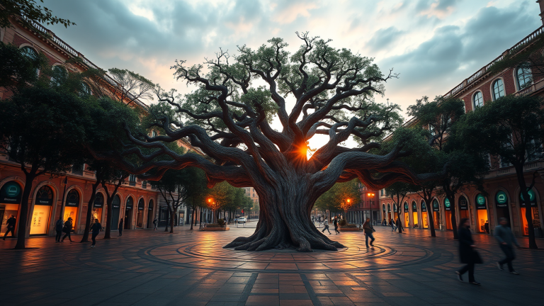 Árvore antiga com raízes profundas e galhos amplos, absorvendo luz do sol e água da chuva, representando estratégia de manter dinheiro em caixa.