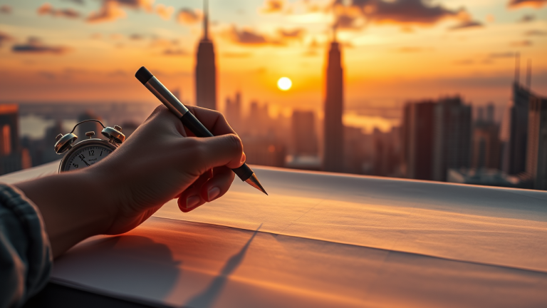 SPACs: O que são as empresas de ‘cheque em branco’ na bolsa americana Ilustração de um papel em branco com um lápis e silhuetas de arranha-céus, simbolizando liberdade de investir e criar oportunidades em SPACs