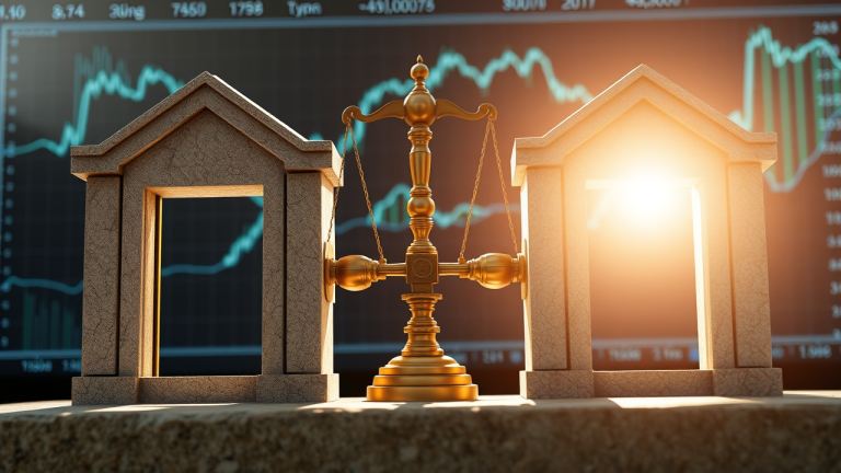 Ilustração de duas estruturas de pedra representando títulos públicos e privados, com portas seguras e uma balança de bronze equilibrando-as, simbolizando o spread de crédito.