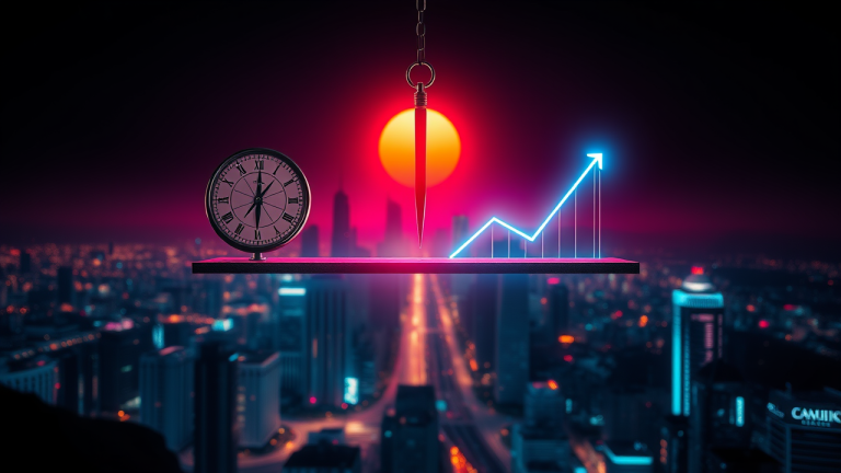 Imagem futurista de uma balança equilibrada com relógio de areia e compasso, sobre cidade financeira em crescimento, com flutuações de mercado representadas por setas transparentes.