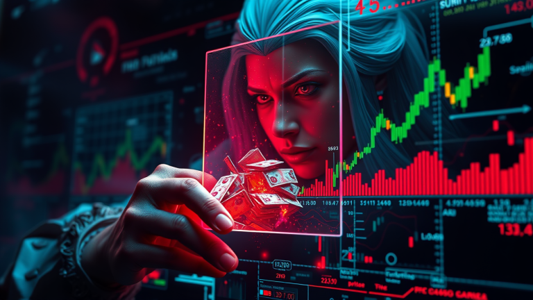 Ilustração futurista de uma mão invisível segurando ações sendo absorvidas por uma empresa abstrata em um ambiente cyberpunk com gráficos de ações e números financeiros