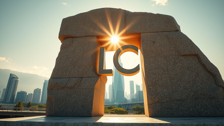Estrutura de pedra solida com letreiro 'LC' refletindo luz solar, simbolizando estabilidade financeira