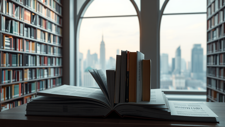 Ilustração 3D de uma biblioteca de investimentos com livros de carteiras iluminados e um quebra-cabeça de análise