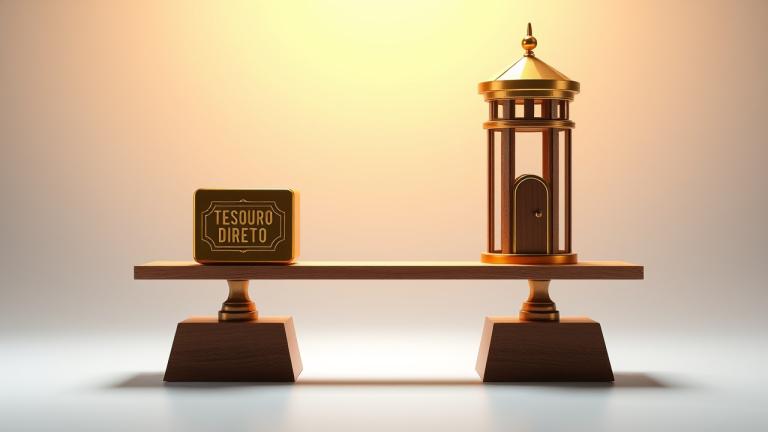 Balança de peso com ouro e ETFs de renda fixa sobre fundo de pedra cinzenta