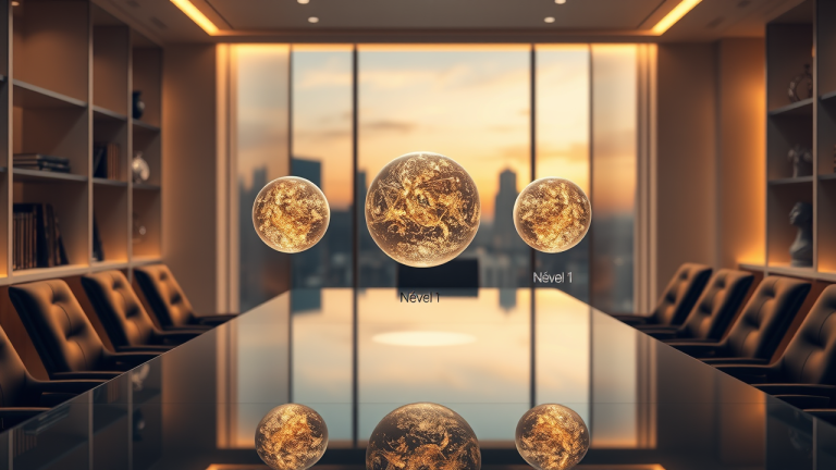 Ilustração de três esferas irradiantes que simbolizam Novo Mercado, Nível 1 e Nível 2, em um ambiente de conferência moderno e iluminado.