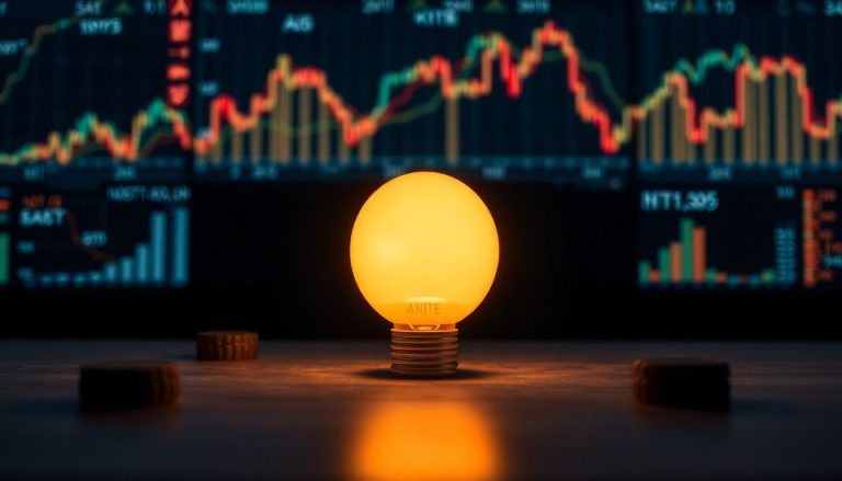 Ilustração de uma grande lupa de aumento em foco em um tabuleiro de xadrez com peças representando investimentos, ao fundo uma parede de tela de LED com gráficos de ações em movimento.