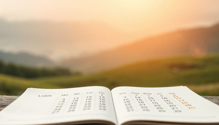 Cronograma de recebimento de proventos em um cenário paisagístico com calendário em primeiro plano e gráficos de mercado de ações em segundo plano.