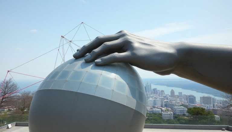 Escultura 3D de uma mão segurando um globo terrestre com rede de linhas e formas geométricas, simbolizando complexidade do sistema tributário