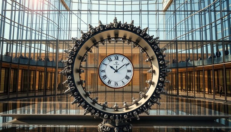 Estrutura de vidro e aço representando a solidez e transparência do mercado financeiro, com peças de quebra-cabeça se encaixando e um relógio de precisão no centro.