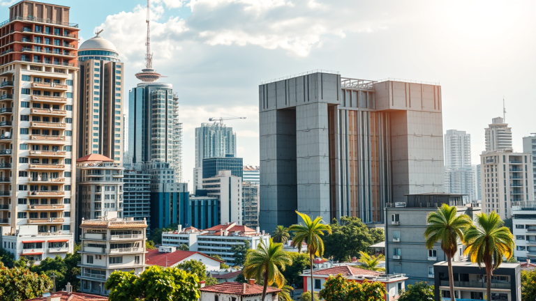 Cidade de crédito privado em crescimento, com pilhas de documentos e prédios de escritórios de financiamento