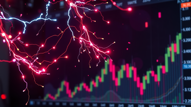 Rede de fios elétricos complexa com ações de penny stocks suspensas, refletindo a volatilidade e incerteza do mercado de ações.