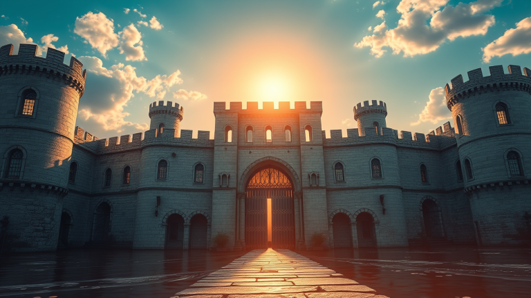 Fortaleza medieval isolada por um fosso profundo, símbolo da proteção e resiliência econômica de uma empresa.