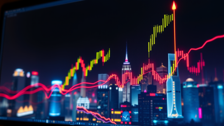 Ilustração 3D futurista de um gráfico de velas harmônico com padrões Gartley e Bat, representando a complexidade dos mercados financeiros.