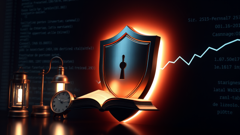 Escudo de proteção ao redor de um cofre cercado por uma aura de luz branca, com uma parede de código de computador ao fundo e elementos de sabedoria financeira no primeiro plano