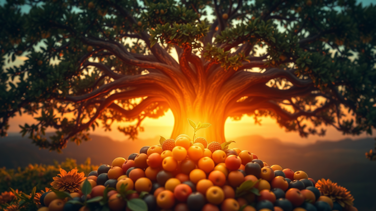 Ilustração de uma árvore antiga com raízes profundas e frutos dourados, simbolizando sabedoria e riqueza financeira.