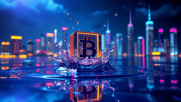 Ilustração 3D futurista de uma rede de blocos digitais flutuantes com blocos de criptomoeda dissolvendo-se e liberando gotas de renda passiva