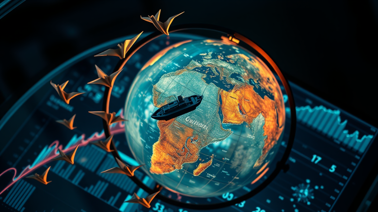 Imagem de um globo vintage girando com origami de cédulas estrangeiras e uma passagem aérea, simbolizando a conexão entre mercados globais e liquidez financeira.