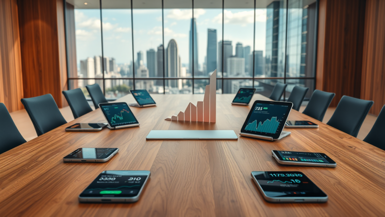 5 aplicativos gratuitos para consolidar e rastrear sua carteira de investimentos Mesa de investimentos futurista com dispositivos móveis e gráficos de pirâmide