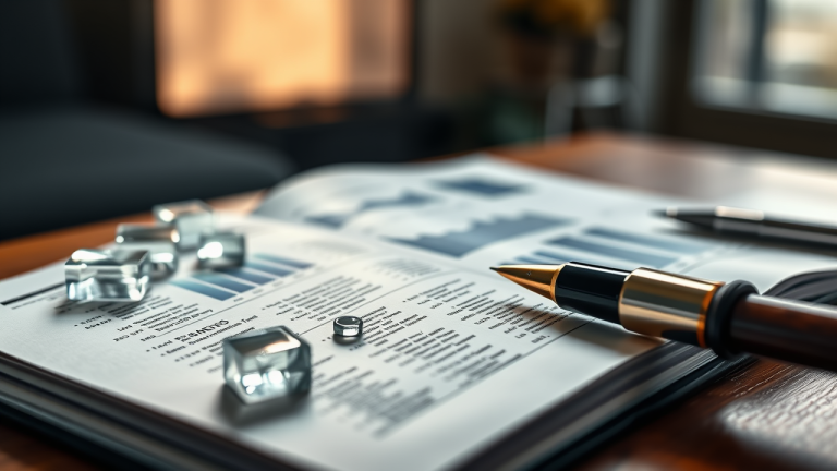Lupa de aumento analisando detalhes de relatório financeiro com gráficos e números