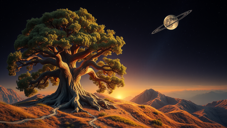 Ilustração 3D surrealista de uma árvore antiga com satélites orbitais, representando segurança de longo prazo e apostas táticas