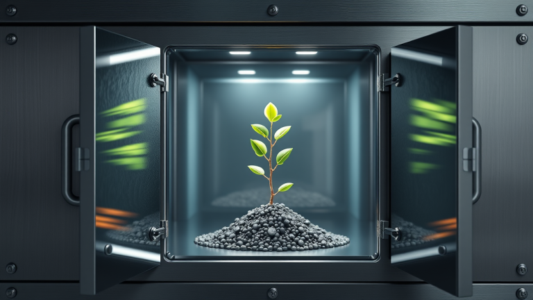 Ilustração 3D futurista de um cofre de aço com árvore verde e moedas, simbolizando segurança e crescimento financeiro