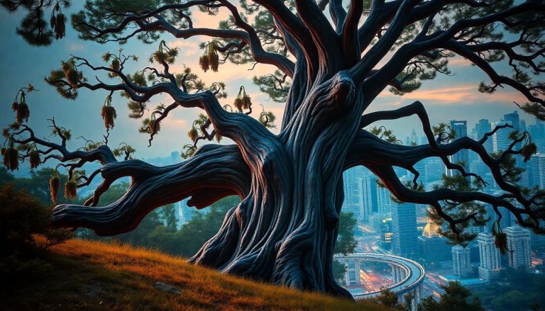 Ilustração surrealista de uma árvore antiga com raízes profundas, brotos e folhas, simbolizando crescimento de stock options em empresas