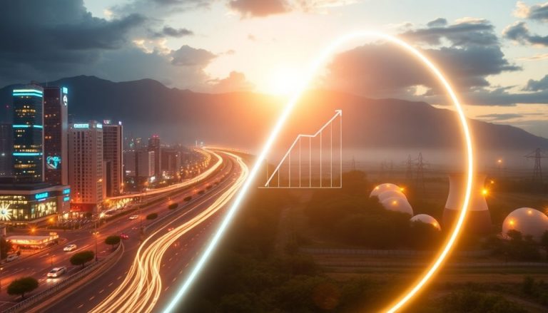 Ilustração 3D futurista de um interruptor de luz girando entre uma cidade tecnológica e uma paisagem de infraestrutura de utilidades públicas