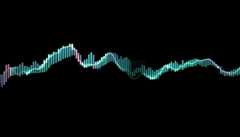 Gráfico de velas futurista com linhas de Volume Profile fluindo em um fundo preto, simbolizando a busca por insights nos movimentos dos grandes players no mercado financeiro.