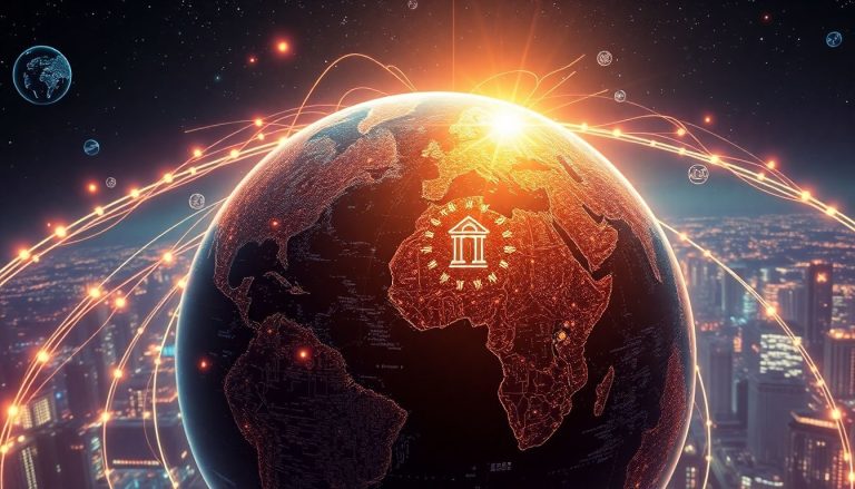 Ilustração 3D futurista de uma esfera que representa a Terra conectada por fibras ópticas e circuitos digitais, com moedas digitais flutuando ao redor e um símbolo de banco central em seu centro.