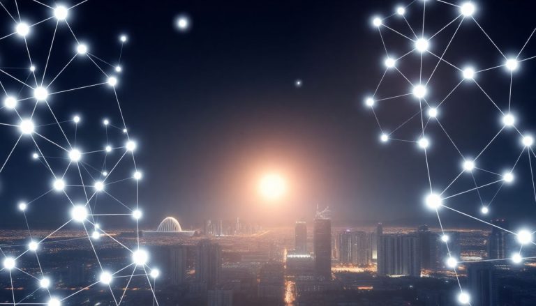 Peer-to-Peer (P2P) Lending: vale a pena emprestar dinheiro para empresas? Ilustração futurista de uma rede de conexões luminosas entre empresas, com ícones de dinheiro e contratos flutuando suavemente