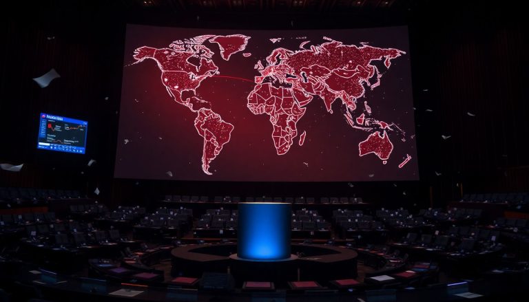 Imagem visual de uma grande urna eletrônica iluminada no centro de uma sala escura, com papéis de votação flutuando ao redor e um mapa-múndi com linhas de conexão entre as bolsas de valores do mundo.