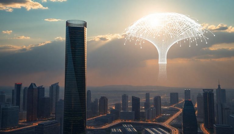 Ilustração 3D futurista de uma árvore digital de tecnologia, com raízes de cabos e fios de data center, simbolizando a infraestrutura e conexão de REITs de tecnologia