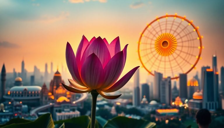 O crescimento da economia indiana e como lucrar com esse movimento Ilustração futurista de uma flor de lótus vibrante em crescimento, símbolo de crescimento econômico e oportunidades de investimento na Índia.