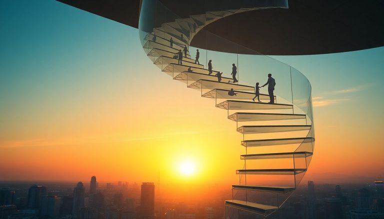 Stock options para funcionários: como avaliar se o plano da sua empresa vale a pena Ilustração de uma escada de vidro transparente subindo em espiral, cercada por ações em papel representadas por peças de xadrez em movimento, simbolizando crescimento e estratégia em investimentos de longo prazo.